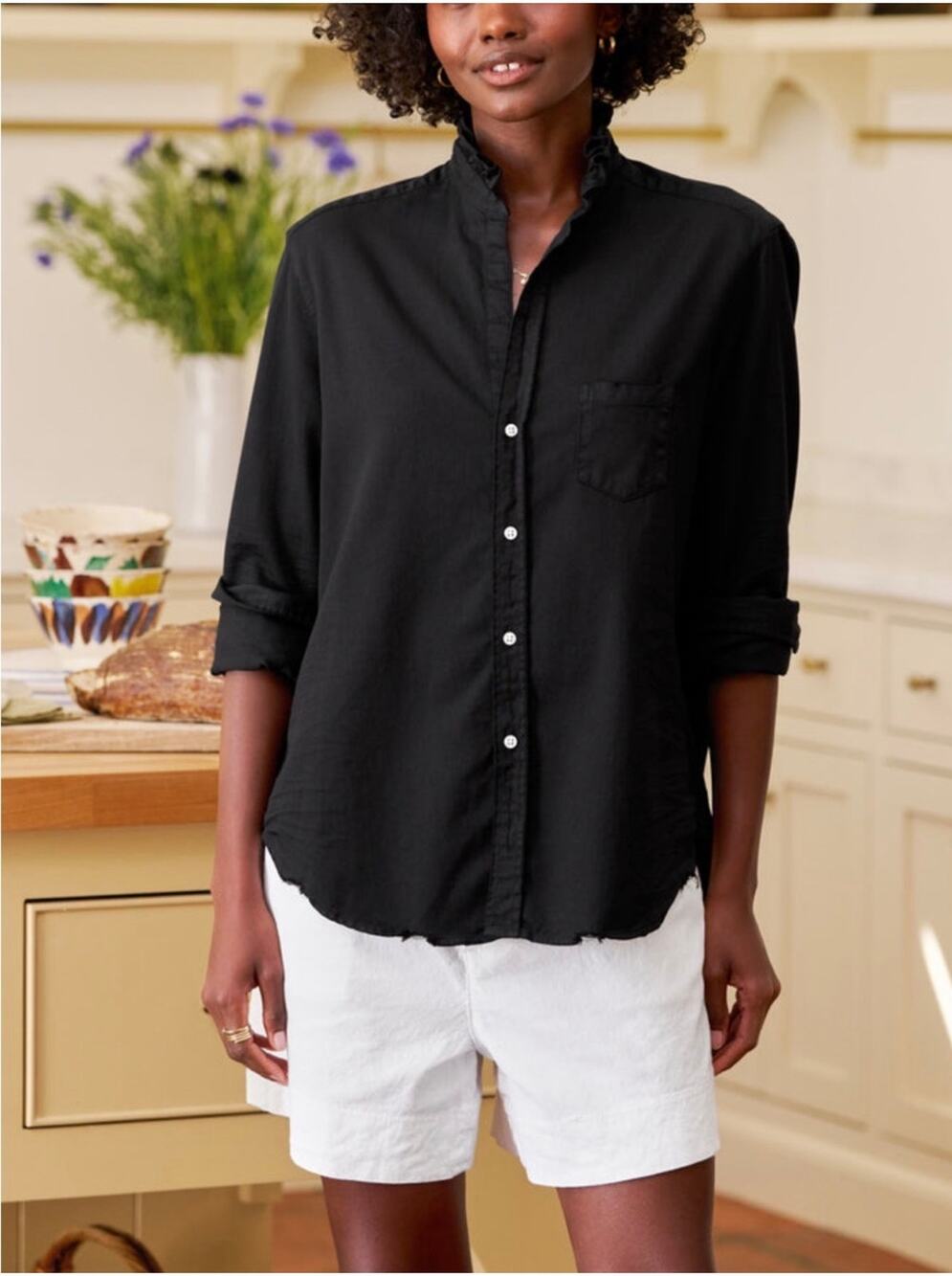 Frank & Eileen Top Womens XL Black Famous Denim Ruffle Button Up Collared Cotton